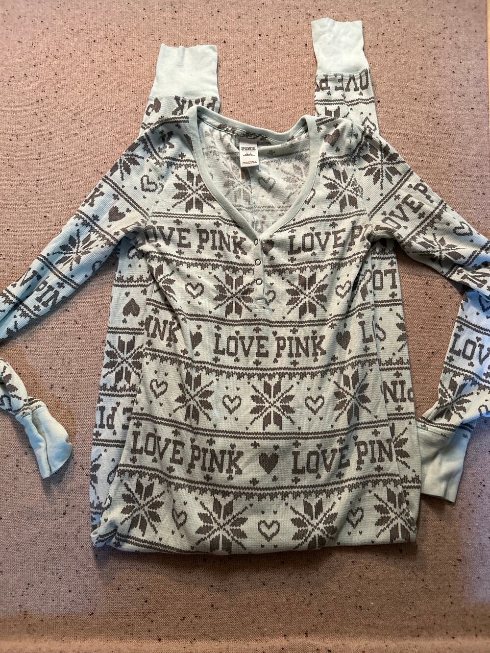 Victoria's Secret PINK Thermal Union Suit One Piece Pajamas Fair Isle Small Teal